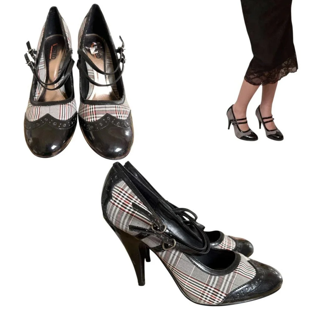 RARE Y2K UNLISTED KENNETH COLE PLAID MARY JANE HEELS SZ 9